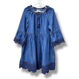 Peek Girls Chambray Dress Size 6-7 Indigo Blue Lace Hem Tassel Tie Lyocell Boho